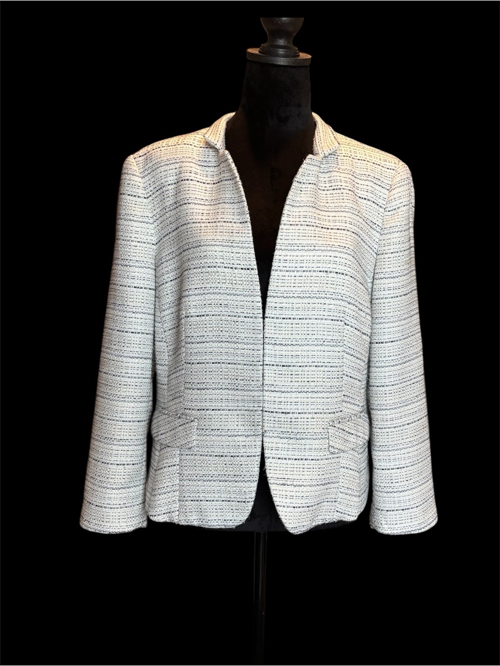 Nine West Women's White Blue Tweed Open-Front Lined Blazer Jacket Size 14